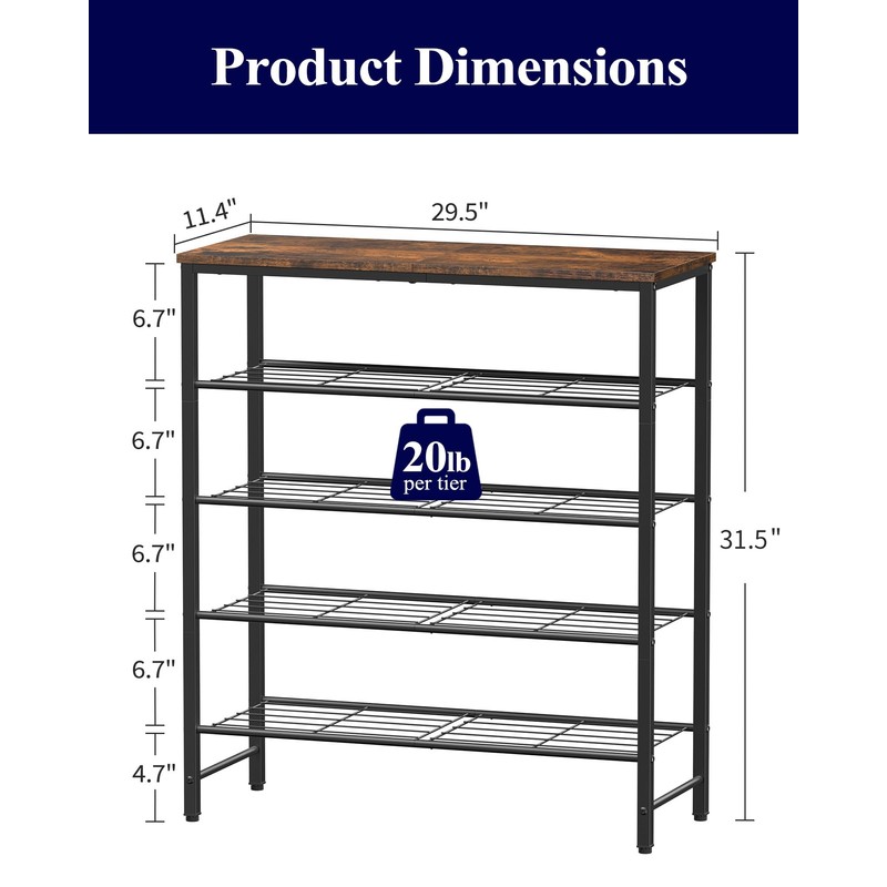 Kitsure Shoe Rack for Closet, Rustic Brown Shoe Organizer with