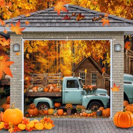 Fall Thanksgiving Garage Door Cover Decorations Backdrop Banner,7x8ft Large Hanging Single Car Garage Door Cover,Autumn Maple Forest Pumpkin Truck Backdrop Wall Decor,Outdoor Holiday Decorations