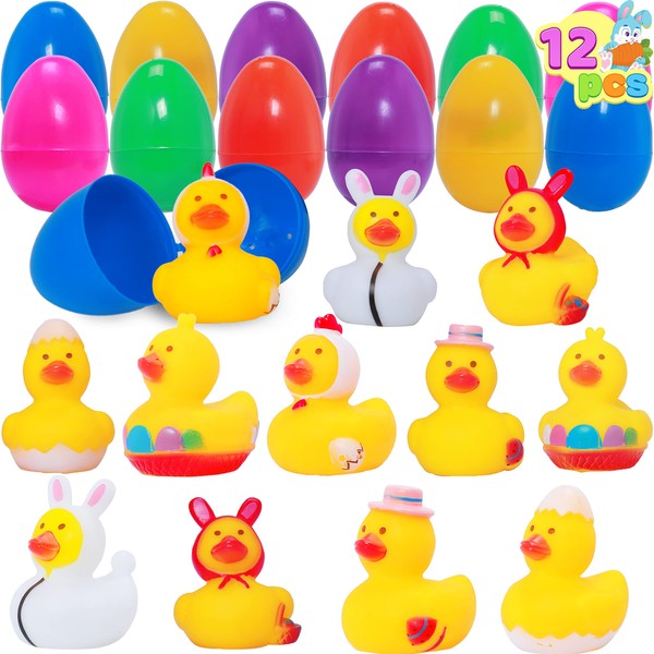 JOYIN Pack of 12 Easter Eggs Filled with Rubber Ducks, Easter Egg Hunt, Basket Fillers for Kids, Easter Party, Gifts, Summer Beach, Pool Activity