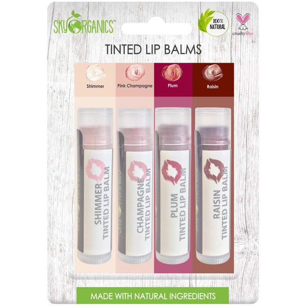 Organic Tinted Lip Balm by Sky Organics – 4 Pack Assorted Colors –- With Beeswax, Coconut Oil, Cocoa Butter, Vitamin E- Minty Lip Plumper for Dry, Chapped Lips- Tinted Lip Moisturizer. Made in USA