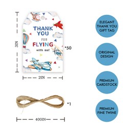 50pcs Airplane Thank You Tags, Plane Gift Tag with String for Boy Birthday Party, Thank You Paper Tags for Graduation/Adventure Begin Party Favors