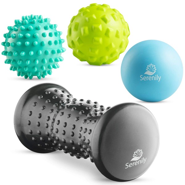 Foot Roller for Plantar Fasciitis - Foot Massage Rollers. Massage Ball 4pc Set with Spiky Ball, Lacrosse Ball, Massage Roller. Foot Massager & Foot Massage Ball for Muscle Soreness & Foot Pain Relief