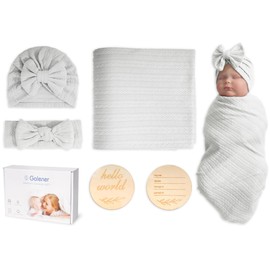 Muslin Blanket,Baby Swaddle Set Newborn - Receiving Headband Blankets and Bow Hat,Newborn Essentials, Soft Nursery Swaddling Blankets，Stretchy Baby Blankets for Girls and Boys Unisex(White)