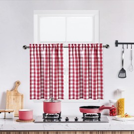Bapawfish Red White Cafe Kitchen Curtains 45 Inches Length,Burgundy Buffalo Check Pattern Short Bathroom Window Curtain, Plaid Gingham Design Half Window Tier Curtains, 28" x 45", Red/White, Set of 2