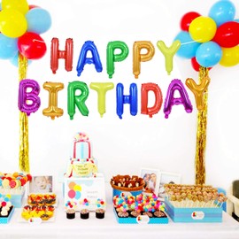 TONIFUL 7 Color Rainbow Happy Birthday Balloons Banner, 16 Inches Colorful Mylar Foil Letter Sign Balloons Banner Bunting for Girls Boys Kids & Adults Birthday Decorations
