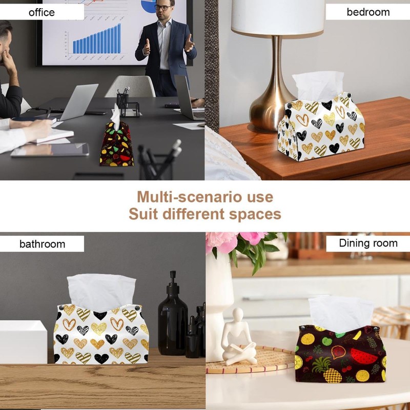 2 Pack Tissue Box Cover Holder, Golden and Black Hearts