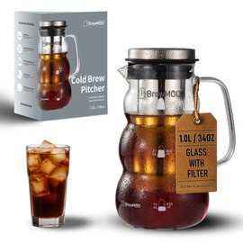 BrewMOO Cold Brew Coffee Pitcher (1.0L/34oz) - Elegant Sleek Wave Borosilicate Glass Pitcher with 100um 304 Stainless Steel Filter & Airtight Lid, Efforless Mannual for Beginner, Sophisticated Gift
