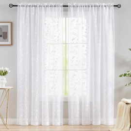 White Sheer Curtains Embroidery 72 Inch Length Rod Pocket Voile Drapes for Living room, Bedroom, Outdoor, Nursery Curtain Semi Flower Curtain Panels for Baby, Womaen, Garden, Lawn, Set of 2, 52"x 72".