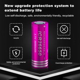 3.7volt 26650 Rechargeable Battery - 8 Pack 6800mAh High Capacity Flat Top Battery for Headlamps, Flashlights, Toy, etc