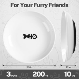 Wellbro 5.9 inch Ceramic Cat Bowls,Wide&Shallow Dishes,Whisker-Friendly Plates with Non-Slip Silicone Bottom, Healthy Pet Feeding Bowls indoor-10oz,3pack