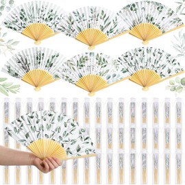 Briwooody 48 Set Eucalyptus Leaf Hand Folding Fans with Organza Bags Bulk Greenery Wedding Favors for Guests Boho Green Leaf Paper Fan for Bridal Shower Supplies Bridesmaid Gifts Party Decorations