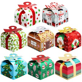 JOYIN 24 PCS 3D Christmas Goody Gift Boxes with Bow for Holiday Xmas Goodie Paper Boxes, School Classroom Party Favor Supply, 6” x 6” x 5.5” 8 Designs Candy Treat Cardboard Cookie Box for Gift Giving