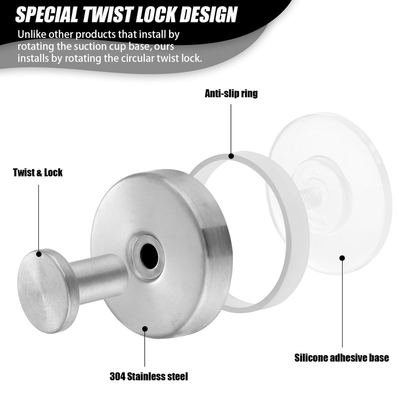 Hshenjhu Pack of 4 Suction Cup Hooks, Silver No Drilling