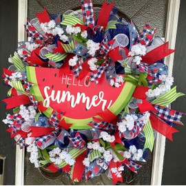 Hello Summer Watermelon Floral Patriotic Memorial Day Through Labor Day 4th of July Deco Mesh Front Door Wreath Home Holiday Decor Fun Festive Summer Birthday Party Decor Indoor Outdoor