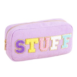 Preppy Patch Makeup Bag,Travel Cosmetic Bags Corduroy Portable Waterproof Toiletry Storage Case with Chenille Letter Zipper Daily Use Pouch for Women,Purple Stuff