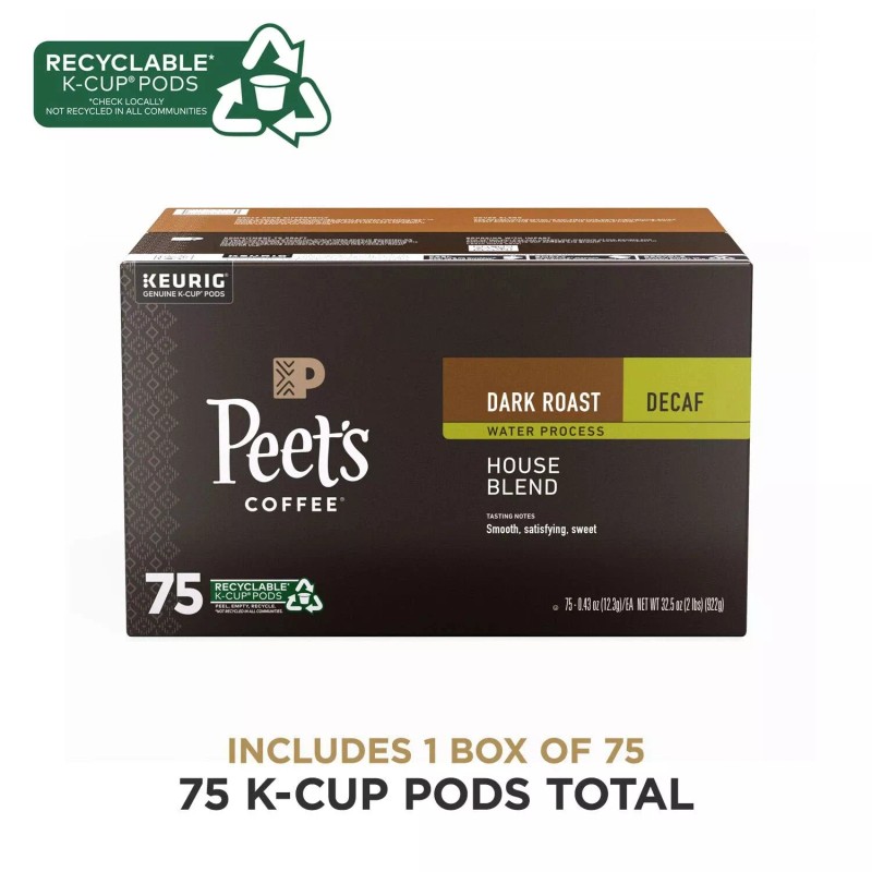 Peet's Coffee Decaf Dark Roast K-Cup Pods, House Blend (75