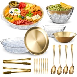 4 Set Gold Chilled Serving Tray and Dip Bowl for Parties, Chilled Serving Bowl Veggie tray Shrimp Cocktail Serving Dish with Salad Spoon & Fork, Tong and Forks for Fruit Seafood Vegetable Appetizer