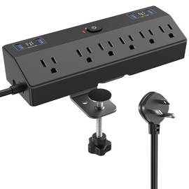 Desk Clamp Power Strip with 40W Fast Charging Station, JXGUCAT 10FT Flat Plug Desk Mount Power Strip Surge Protector, Removable Extension Cord with 2 USB-C Ports 6 Outlets, Fits 1.8" Tabletop Edge