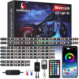 LD DARKEAGLE 8PCS Motorcycle RGB LED Light Kits with APP/RF Remote, Dual Zone Strip Lights with Brake Turn Signal, 12V Waterproof Multi-Color Motorcycle Underglow Lights for Harley Honda