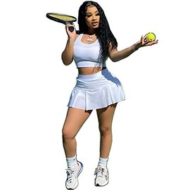 Womens Casual Sports 2 Piece Outfits Skirt Sets Athletic Tank Crop Top Tennis Golf Skorts Skirts Activewear (SM9158-White,L)