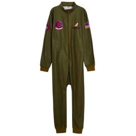 Boys Top Gun Fleece Onesie Maverick Pyjamas Kids Flighter Pilot Jumpsuit Dress Costume, Green