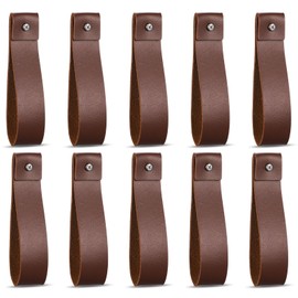 10pcs PU Leather Straps for Hanging Wall Hooks 1 x 4.7 Inches Curtain Rod Holder Leather Wall Hanging Strap with Screws Leathers Hook Lanyard for Bathroom Kitchen Walls Mounted Loop Towel Hook (Brown)