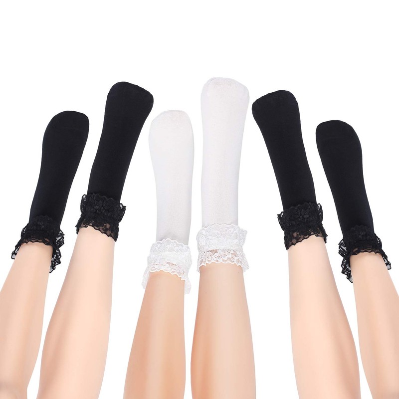 SATINIOR 6 Pairs Ruffle Socks Lace Ruffle Socks Women, white