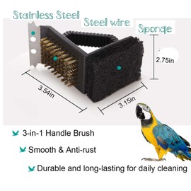 QBLEEV Bird Cage Cleaner, Bird Cage Cleaning Brushes, Multi-Function Stainless Steel Triangle Bird Cage Brush Set, Birdcage Cleaner Poop Off Scrub Brush Kit for Cleaning Bird Cage Perch Kennel