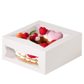 Fit Meal Prep 25 Pack Cake Boxes with Window 8 x 8 x 4 Inches Auto Pop-Up White Bakery Containers for Dessert, Cookies and Pastries, Treat Boxes Gift Packaging Boxes for Valentine's Day, Christmas