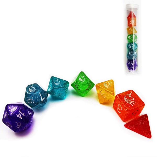 Bescon Colorful Unicorns Rainbow Sparkled Polyhedral D&D Dice Set of 7 RPG Role Playing Game Dice 7pcs Set