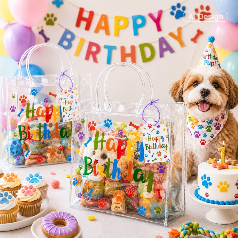 joycraft Dog Paw Clear PVC Gift Bags with Handles, 12Pcs