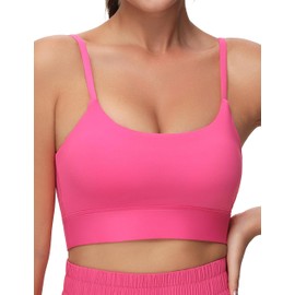 THE GYM PEOPLE Women's Adjustable Longline Sports Bras Scoop Neck Padded Wireless Workout Yoga Tops Bright Pink