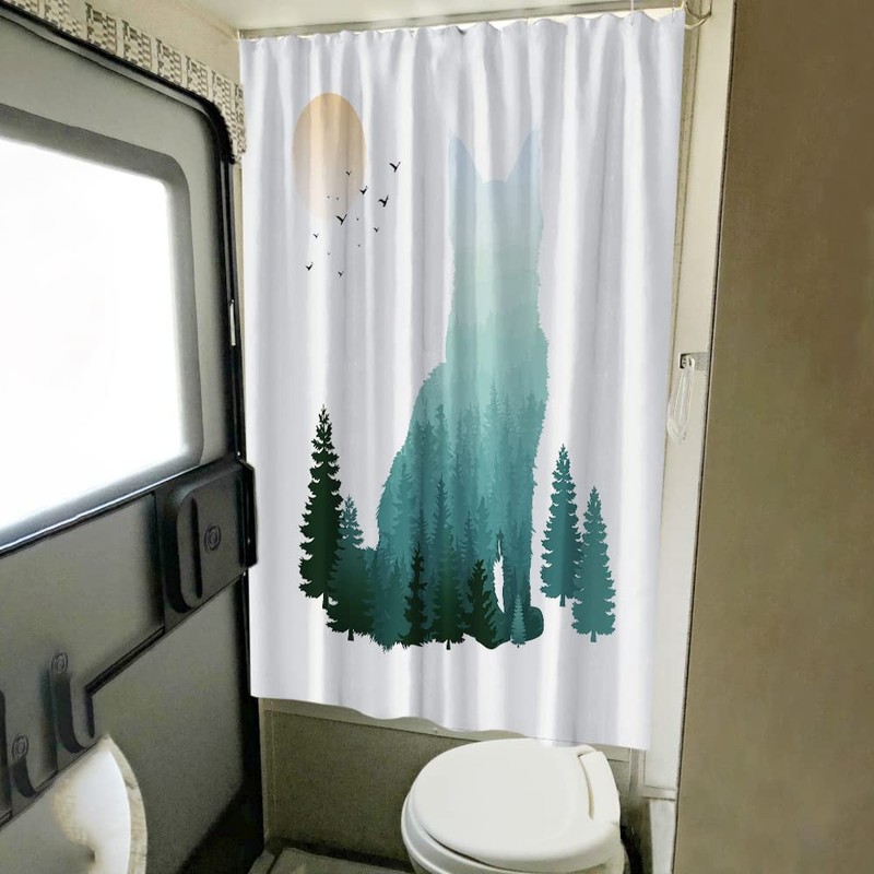 RV Shower Curtains Forest Mountain Happy Camper, Cloth Fabric RV