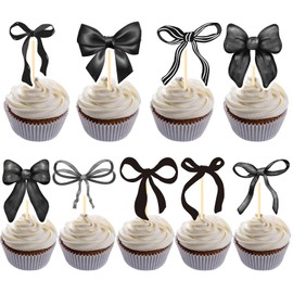 Inisajace Coquete Birthday Party Decorations - 36PCS Black Bow Cupcake Toppers Decoration Bow Party Baby Shower Decor Supplies Bow Theme Bridal Shower Bachelorette Party Supplies