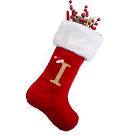 SherryDC 20 Inches Monogram Christmas Stockings Letter I, Soft Velvet Plush Cuff Embroidered Xmas Stockings Decorations for Family Holiday Season Decor