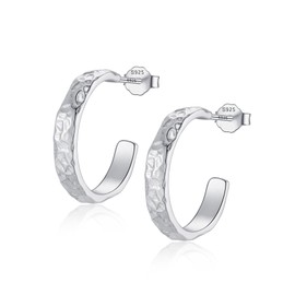 Hoop Earrings Silver Hammered 925 Silver Large Earrings in C Shape Earrings Minimalist Vintage Gift Girlfriend