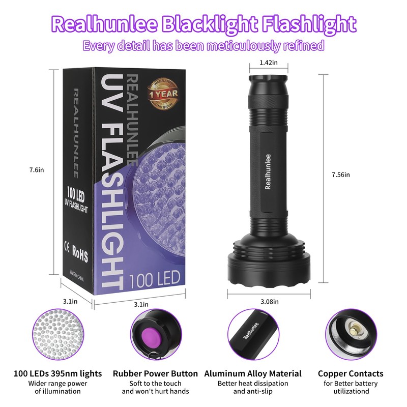REALHUNLEE UV Flashlight Black Light, 100 LED Blacklight Flashlight Dry