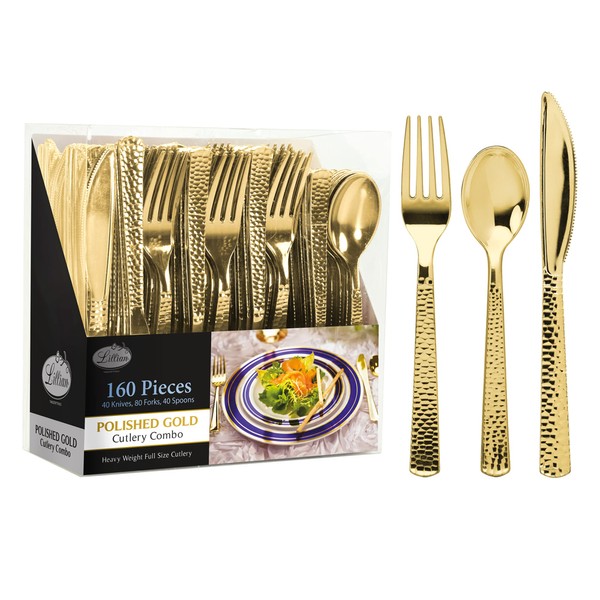 Plastic Cutlery Silverware Extra Heavyweight Disposable Flatware, Full Size Cutlery Combo, Pebbled Gold, 80 Forks, 40 Spoons, 40 Knifes, Value Pack 160 Count
