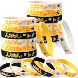 Bee Bracelet Silicone Bee Wristband Assorted Color Bee Theme Party Favors Bee Teachers Decorations Classroom Decorations Bees Wristband for Boy Girl Bee Birthday Baby Shower Party Supplies (24 Pieces)