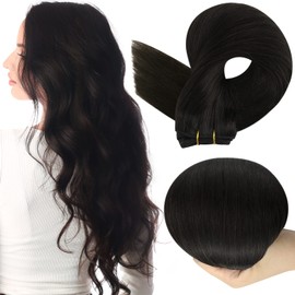 Full Shine Weft Hair Extensions Real Human Hair Extensions for Women 16 Inch Black Hair Extensions Sew in Real Human Hair Color 1B Double Weft Hair Extensions 100 Grams