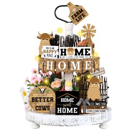 16 Pcs Highland Cow Tiered Tray Decor Gnome Plush Tray Decor Farmhouse Rustic Wood Table Signs with Lights for Holiday Table Centerpieces Home Decor(Highland Cow)