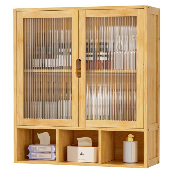 Cozivolife Bathroom Wall Cabinet with 2 Frosted Door,Bamboo Medicine Cabinet