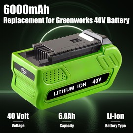 2Pack 40V 6000mAh 29472 Replacemet Battery for Greenworks 40V Battery 6.0Ah 29472 29462 29252 20202 22262 Compatible with GreenWorks Battery Lithium G-MAX 40 Volt Cordless Chainsaw Tools (Green)