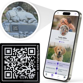 Our Tributes Pet Memorial Outdoor QR Plaque and Webpage; Dog Passing Away Gifts, Pet Headstones for Dogs or Pet Grave Marker; Dog Rememberance Gift (Black)