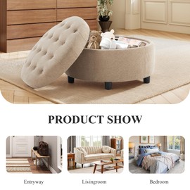 COLAMY Fabric Round Storage Ottoman with Reversible Tray Lid – Multi-Functional Footrest, Hidden Storage, Sturdy & Stylish Small Coffee Table for Living Room, Bedroom, or Entryway(Camel)