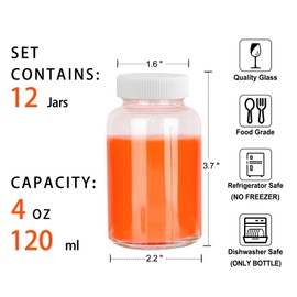 HINGWAH HINGWAH 12 Pack 4 OZ Glass Shot Bottles with Caps, 120 ML Empty Wellness Juice Shot Bottles, Reusable Clear Glass Bottles for Juice, Shots and Homemade Beverages