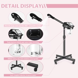 Professional Facial Steamer, Facial Steamer on Wheels with More Steam, Adjustable Height and Angle, Face Steamer for Facial Deep Cleaning, Estheticians Steamer for Beauty, Spa and Home Use（Black）