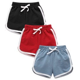 YOUNGSOUL Pack of 3 Girls' Summer Cotton Shorts Children's Sports Shorts, Red/Blue/Black