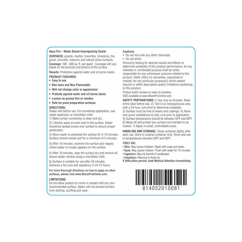Stone Pro Aqua Pro - Water Based Impregnating Sealer (Quart)