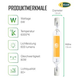 CLAR - R7S LED 78 mm, R7S LED, LED bar, LED torch LED R7S, LED R7S 78 mm, R7S 78 mm, LED rod light, LED replacement for halogen rod, R7S 78 mm LED, torch LED, 6 W 6000ºK (Pack of 5)